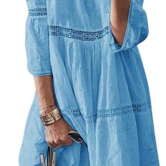 Dresses & Skirts - Womens Lace Eyelet Embroidery Dress Cotton Boho Midi Flowy Casual